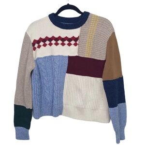 AlexaChung Blue Beige Wool Patchwork Crew Neck Sweater Large